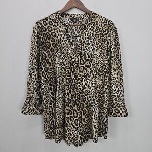 Cocomo Top Blouse 2X Multicolor Button Pleated‎ Pockets Roll Tab Sleeves Stretch